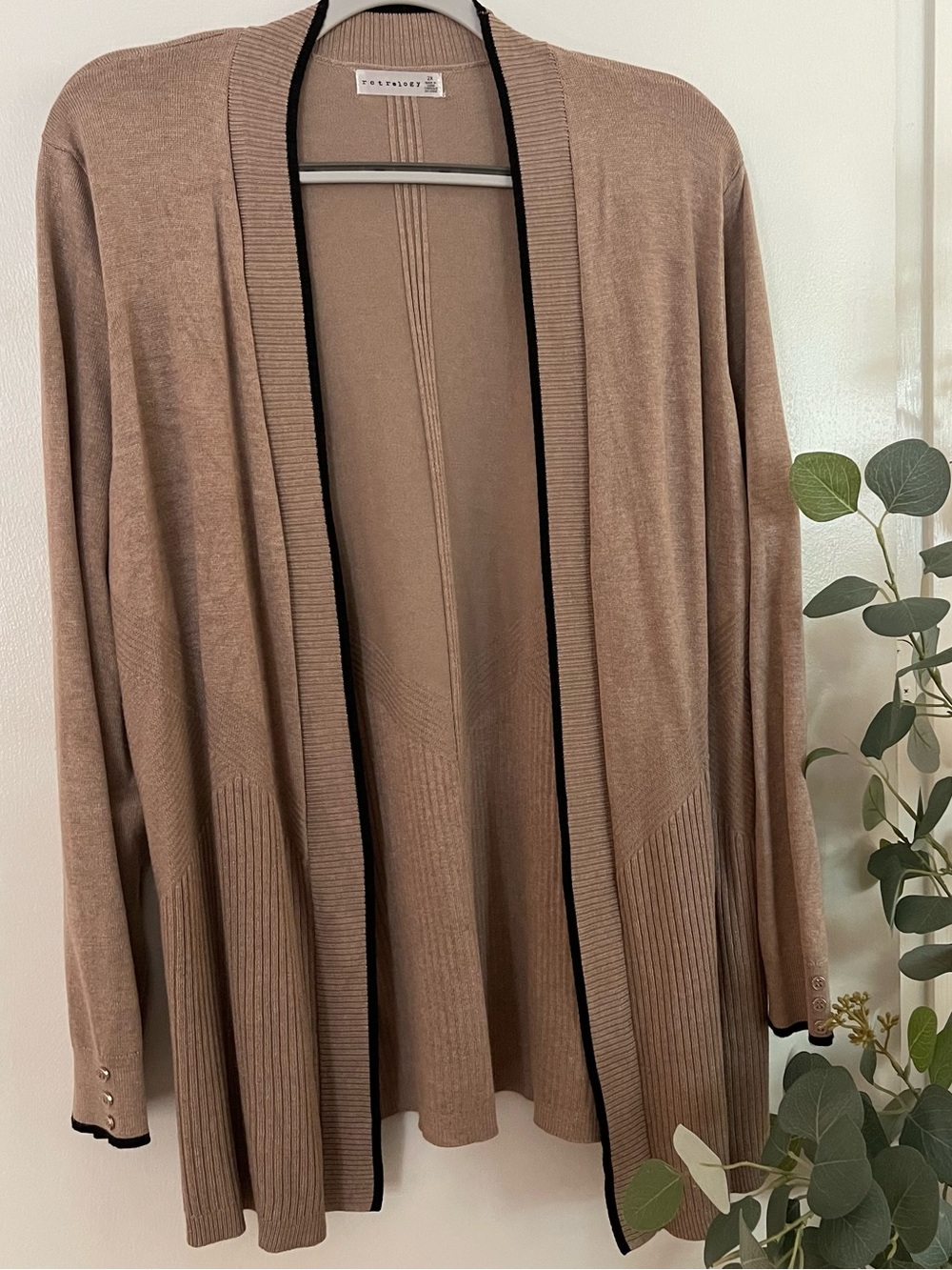 Taupe Open-Front Cardigan with Black Trim